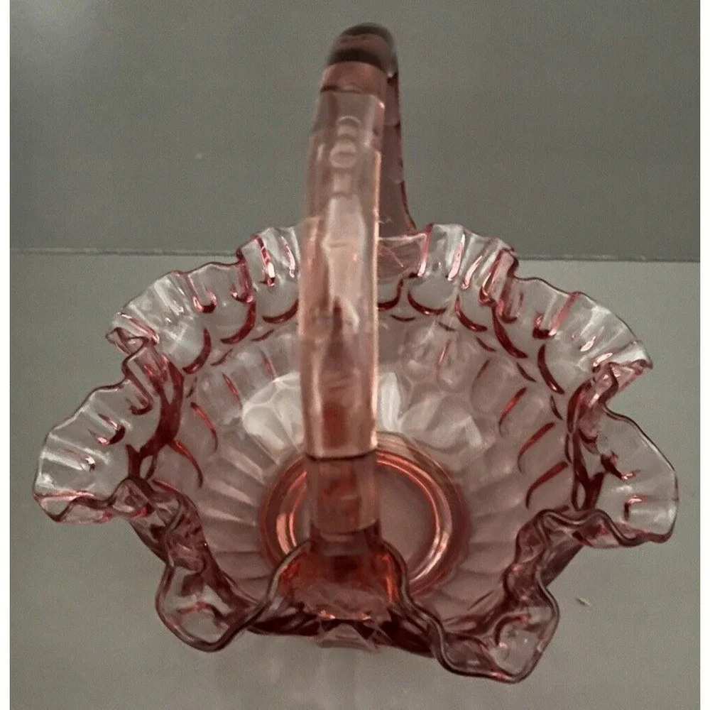 Fenton Cranberry Pink Basket Ruffled Edge Glass Applied Handle Thumbprint VTG